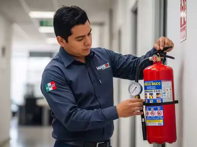 Técnico revisando la presión y estado físico de un extintor durante una inspección mensual